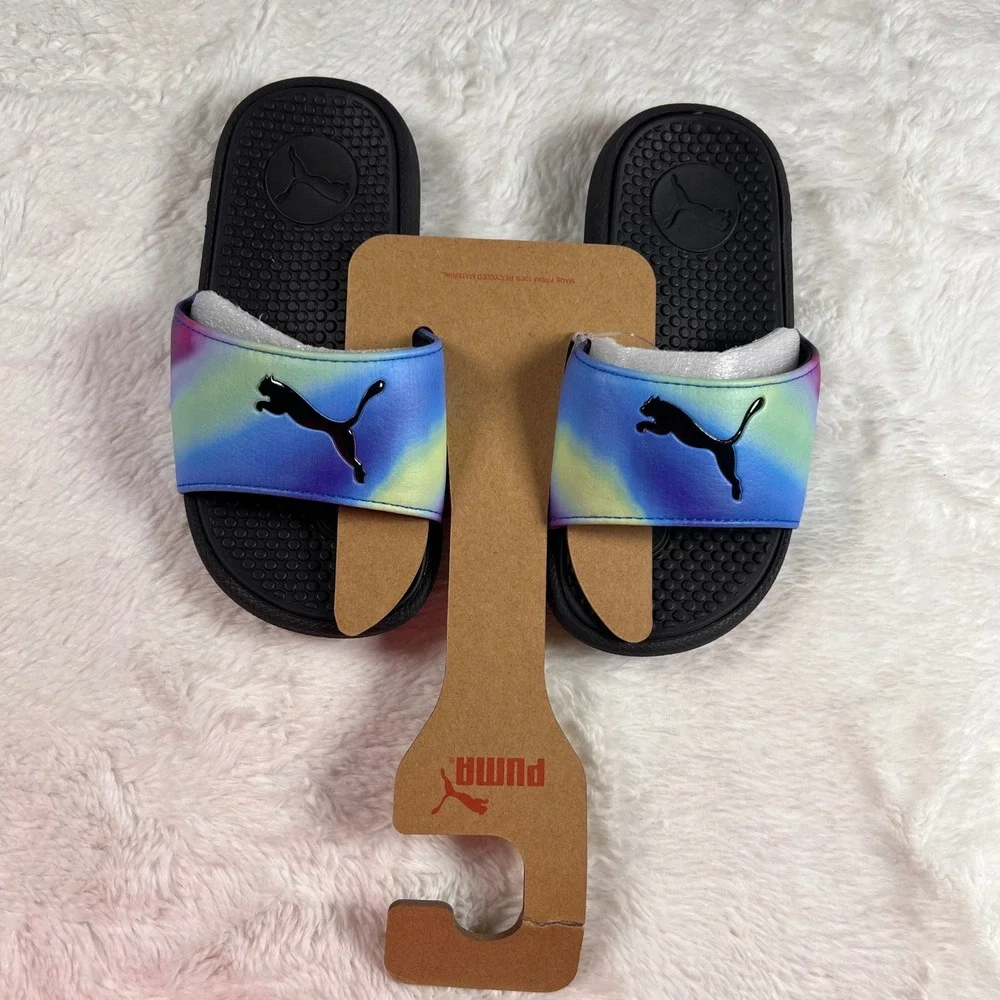 Puma Cool Cat Dark Prismatic PS Slides Black Fuchsia NWT Purple Blue‎ Kids 11C